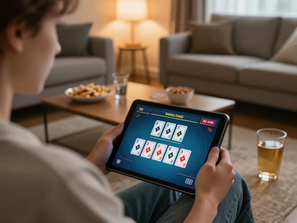 Engaged player strategizing over online poker at https://mb668.co/ in a cozy living room with tablet screen visible.