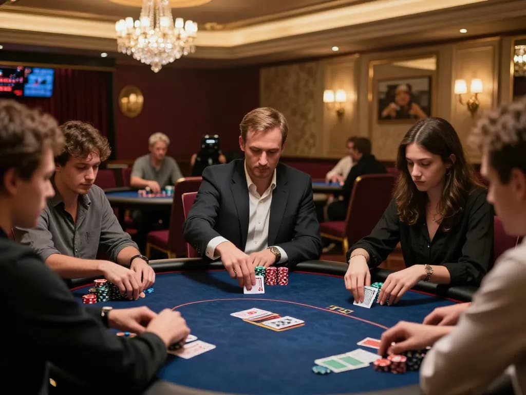 Players engaged in an intense poker game showcasing strategic moves at 888new casino.