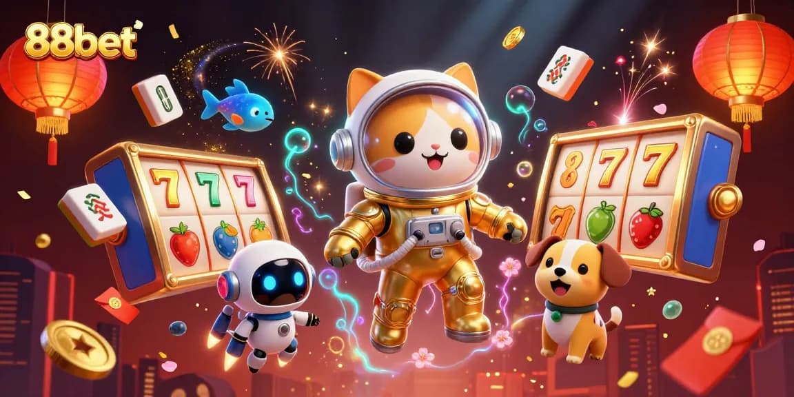 Experience thrilling 88bet gaming action with cartoon characters enjoying slots and casino fun.