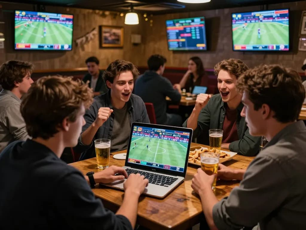 Analyze odds with friends while enjoying sports betting action at a lively bar, focusing on ty le keo nha cai.