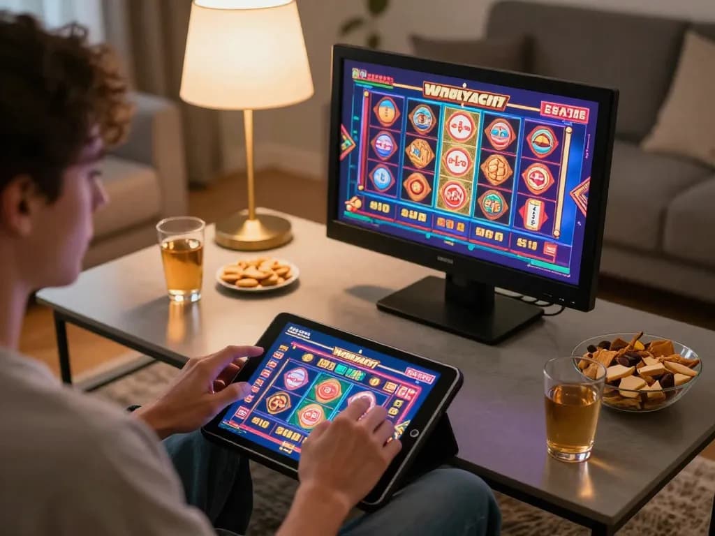 Engaging in online slots at home with OKBAY, showcasing vibrant gaming interface and relaxed atmosphere.