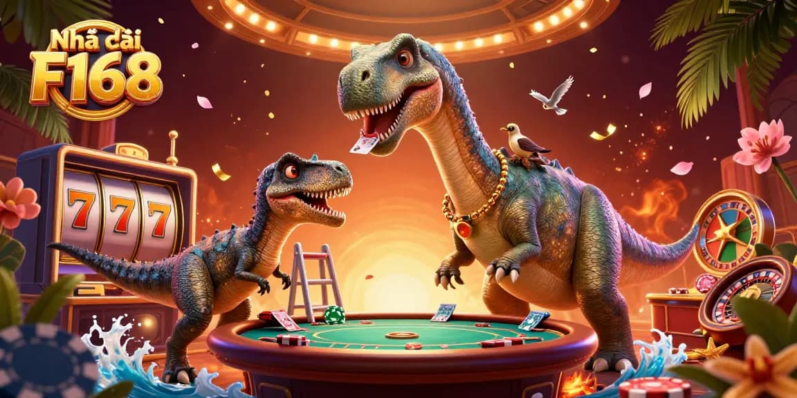 Experience gaming excitement at Nhà cái F168 with a dynamic casino scene featuring vibrant characters and elements.