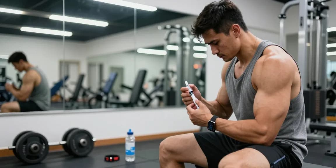 Anabolika Shop: Bodybuilder demonstriert die richtige Steroidinjektionstechnik in einem modernen Fitnessstudio, betont professionelle Fitness.