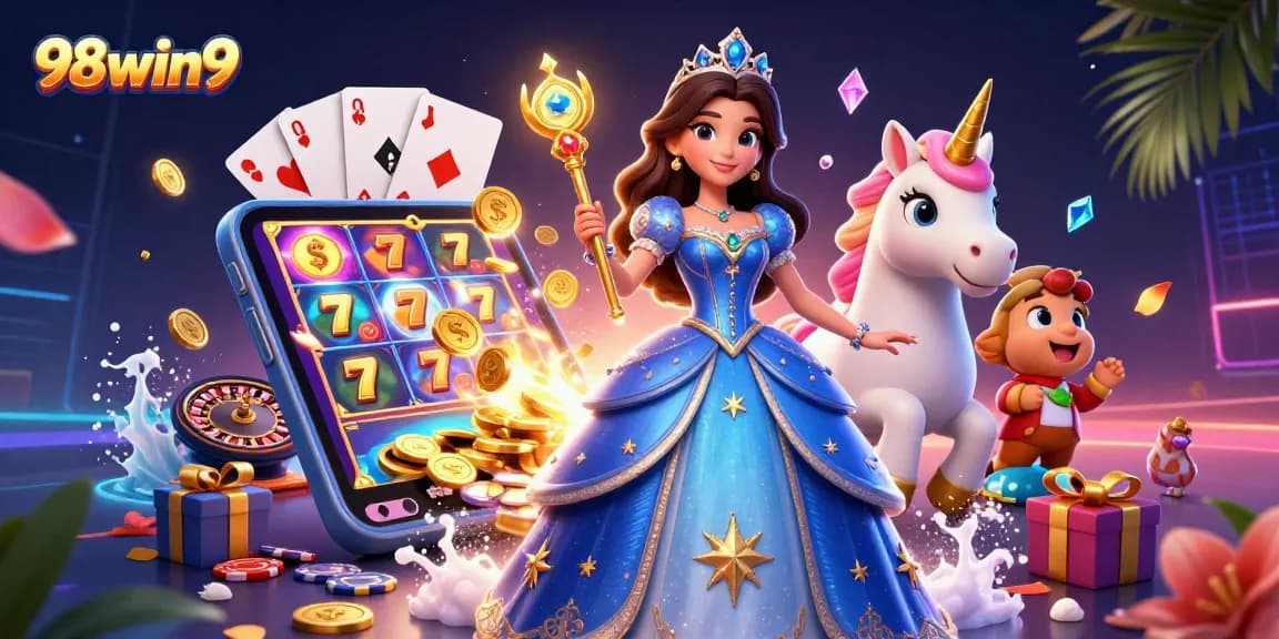 Win big with 98win9 as beautiful characters engage in vibrant slot gaming activities.