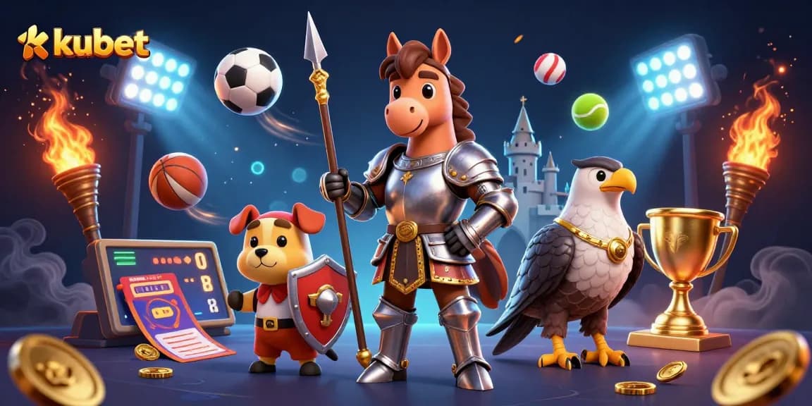 Kubet offers thrilling gameplay with cartoon characters, sports elements, and festive decor in this vibrant casino illustration.