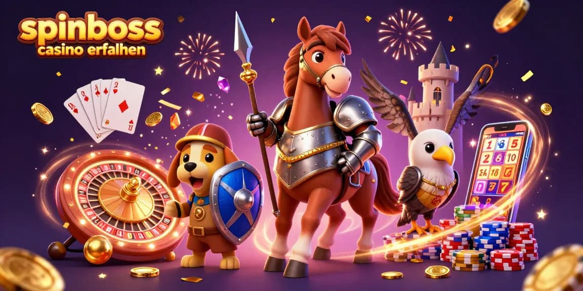 Spinboss Casino Erfahrungen: 3D-Illustration von Charakteren, die inmitten von Casino-Elementen feiern.