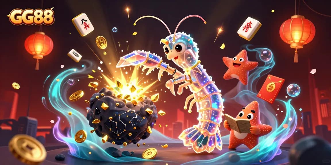 Experience GG88's exciting gaming adventure with a vibrant 3D illustration showcasing a galactic samurai shrimp and starfish.