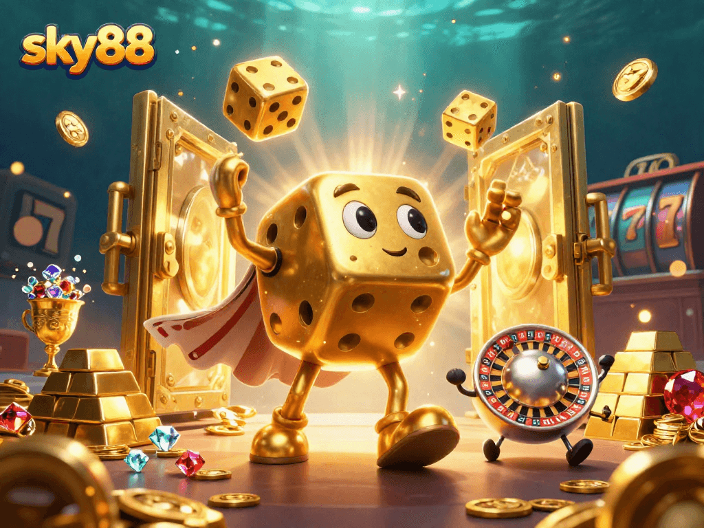 Experience the excitement of sky88 with our vibrant 3D casino illustration filled with golden treasures and gaming elements.