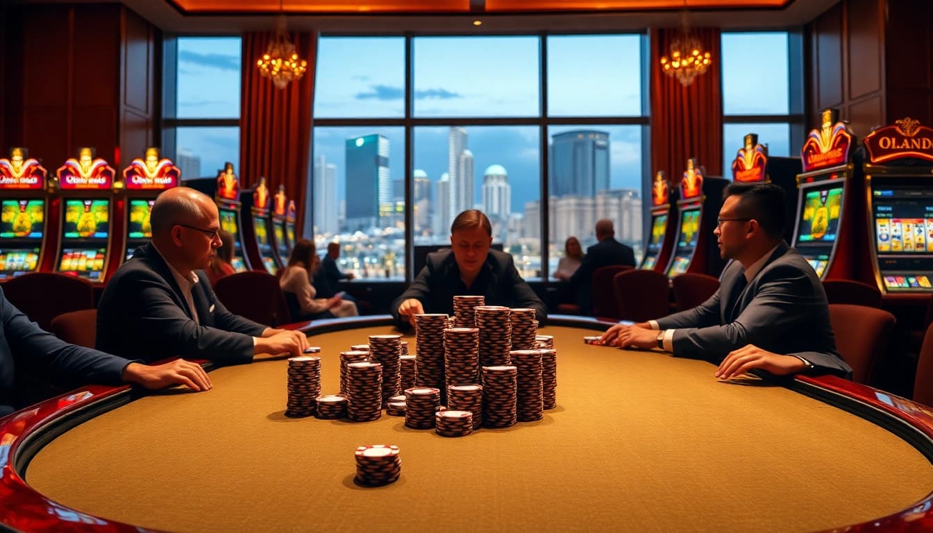 Players enjoying a thrilling poker game at SC88 casino, showcasing high stakes and vibrant atmosphere.