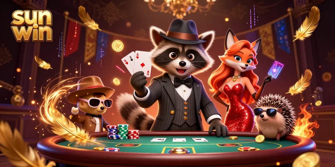 Join the action at sun win, where a suave raccoon and friends celebrate a winning poker hand amidst vibrant casino elements.
