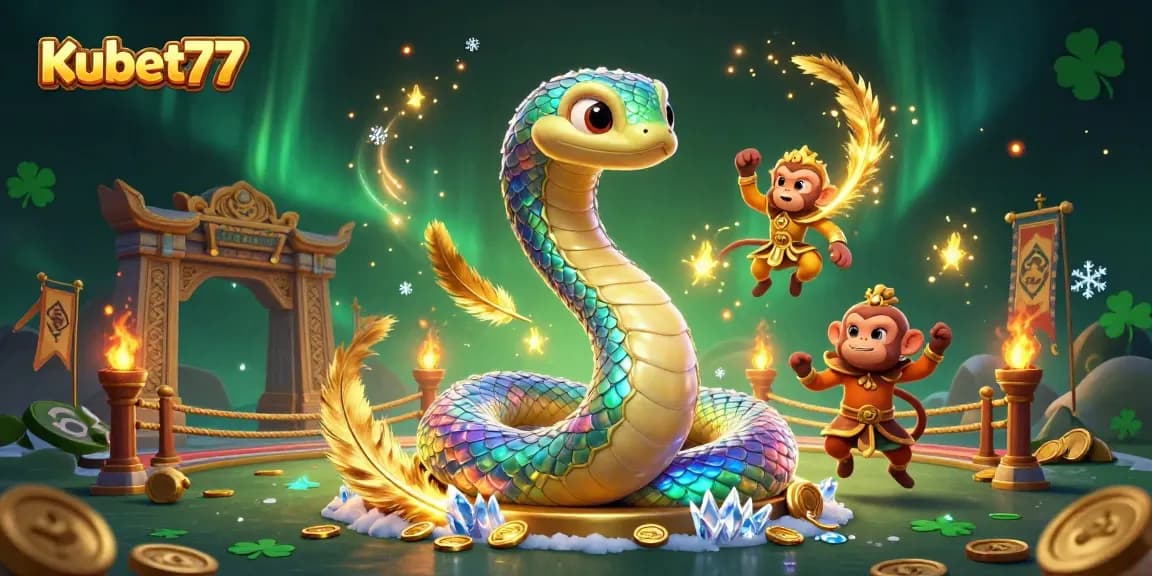 Engage with thrilling gameplay at Kubet77 casino featuring a vibrant illustrated scene with mythical creatures and dynamic gambling elements.