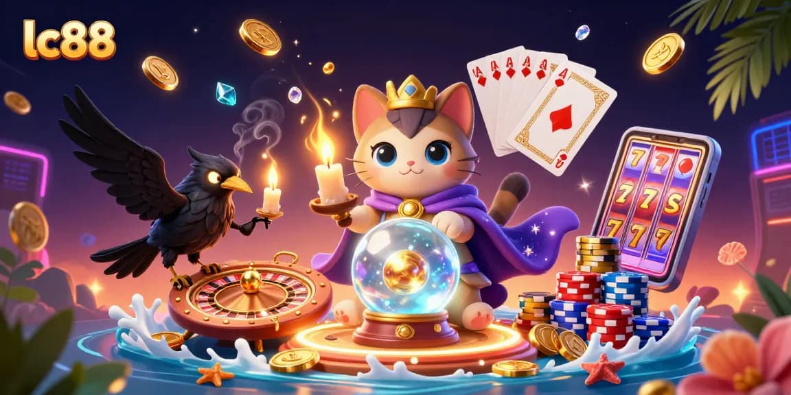 Experience thrilling gaming at lc88 with fortune teller cat and mystical cards.
