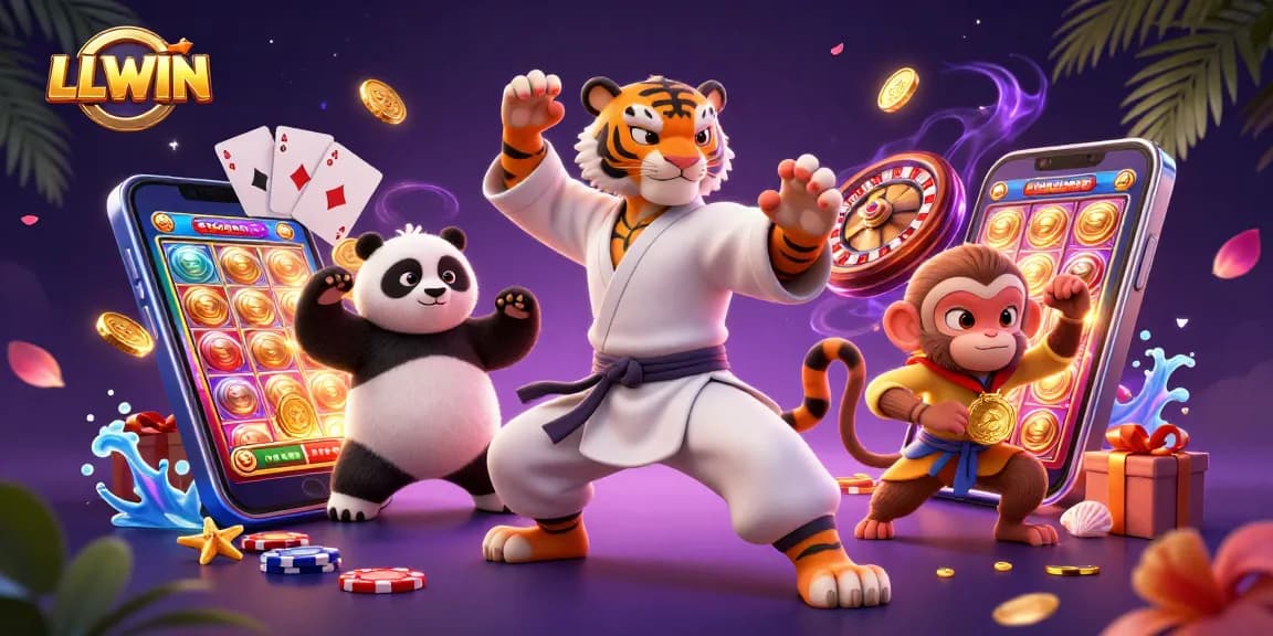LLWIN showcases an exciting online casino scene with vibrant 3D characters and dynamic gaming elements.