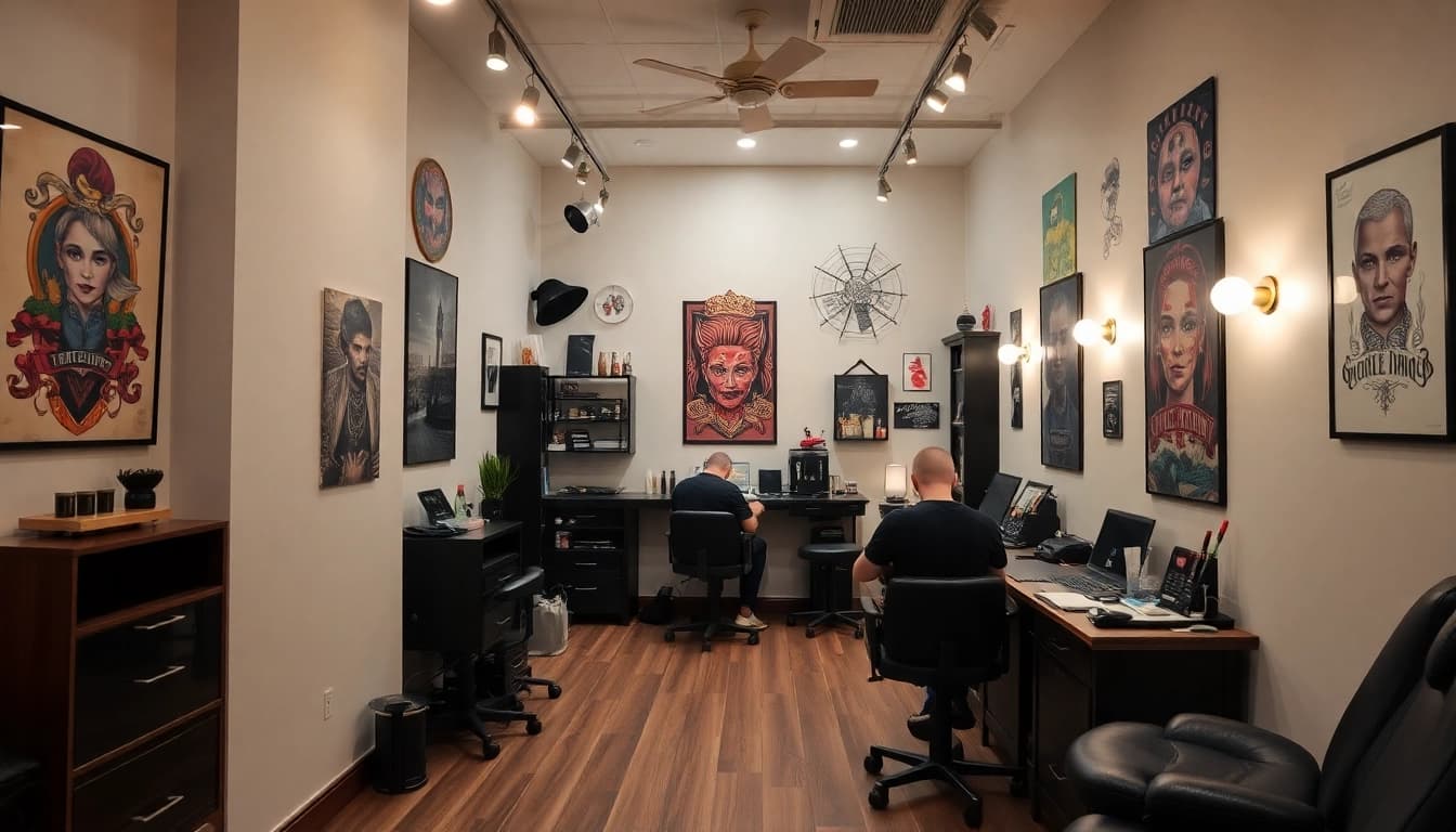 Creative tattoo artist in action at Tattoo Studio München, showcasing unique designs and a professional workspace.
