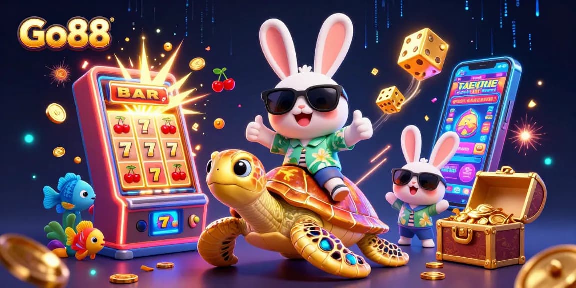 Go88's lucky rabbit celebrates a jackpot explosion amidst vibrant casino elements in a dynamic scene.