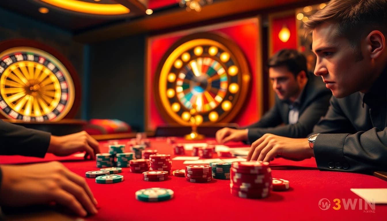 Engage with thrilling poker action featuring 3WIN-branded chips and cards in a luxurious casino setting.