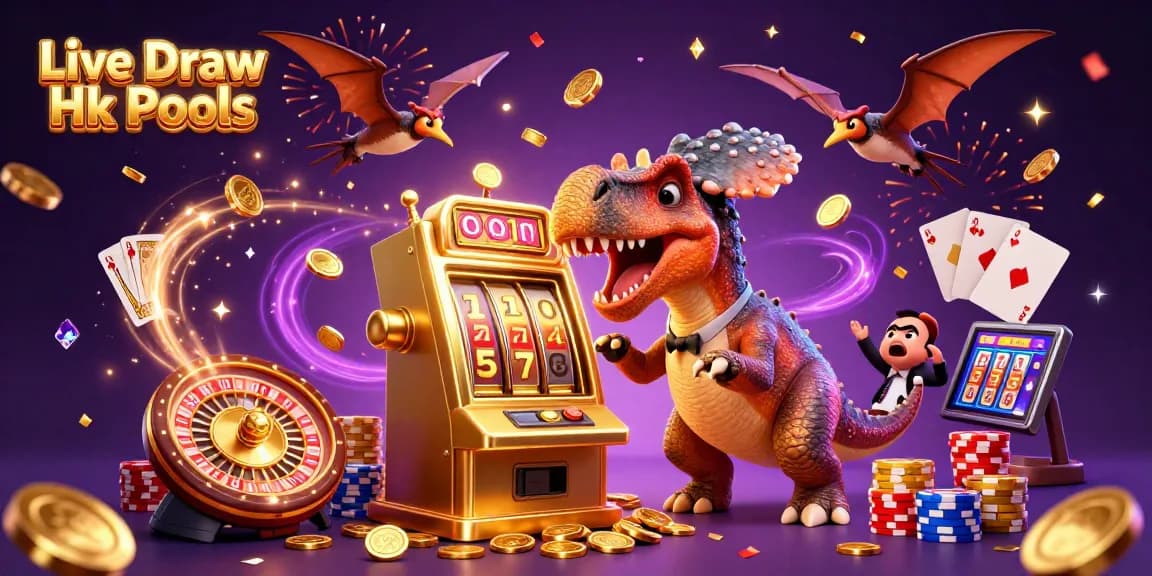 Experience thrilling excitement with Live Draw Hk Pools as a dinosaur wins jackpots amidst flying coins.
