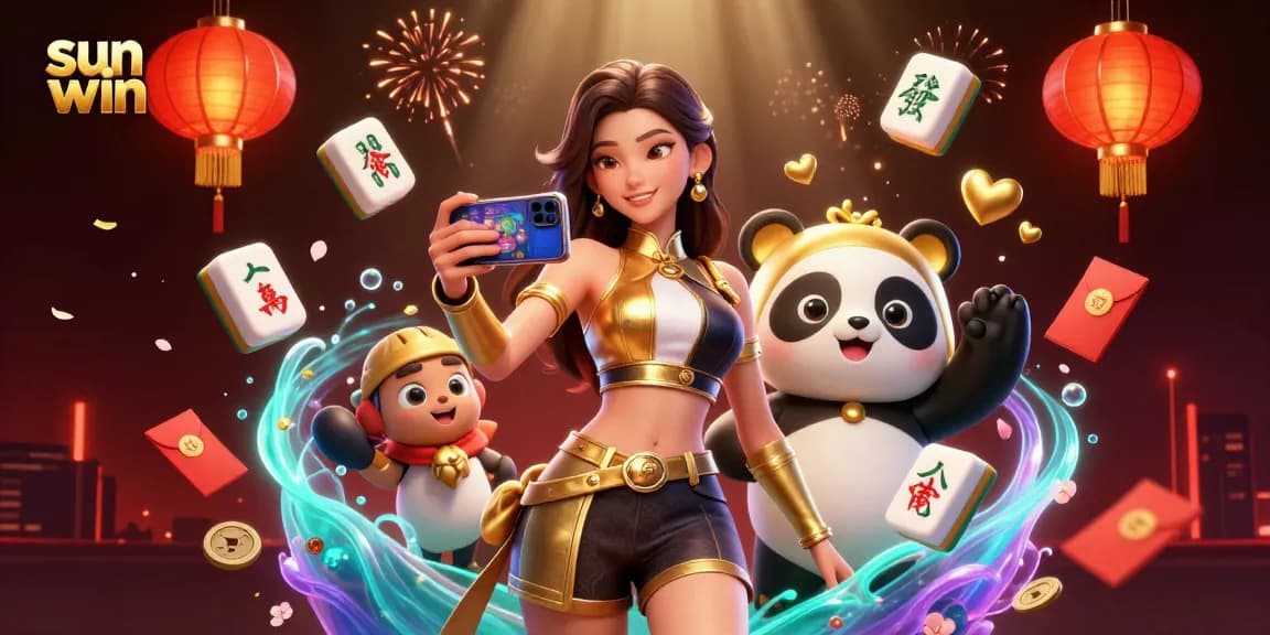 Experience the excitement of sun win with an elegant Asian woman playing casino games alongside a golden panda mascot.