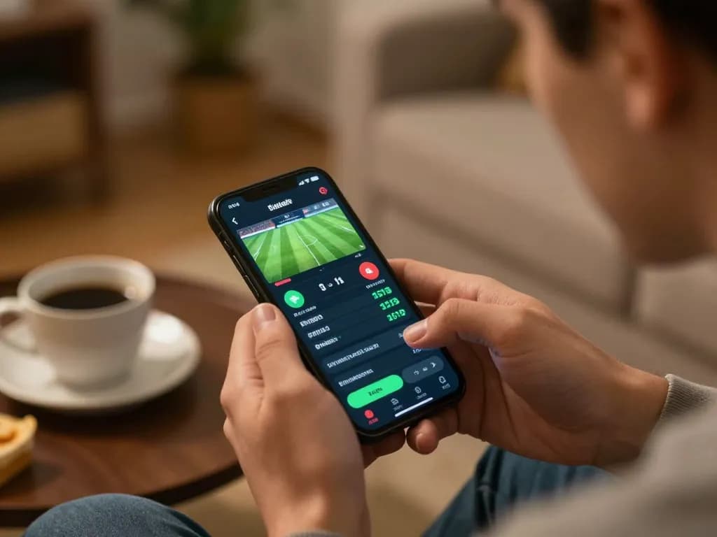Betting live on แทงบอล through smartphone, focusing on real-time football odds in a warm home setting.