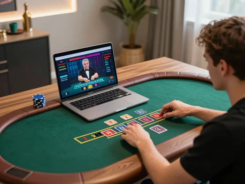 Engaged player at home using laptop for online casino game, sc 88 blackjack setup