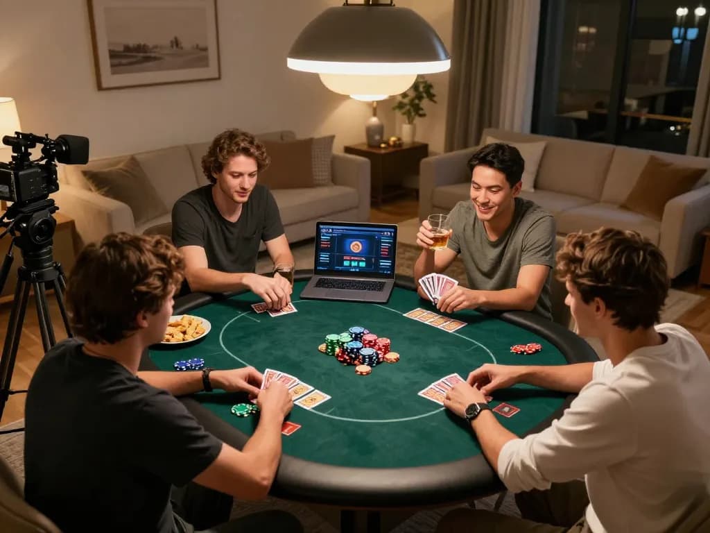 c168mov players engaging in a lively poker night with cards and chips in a cozy home setting