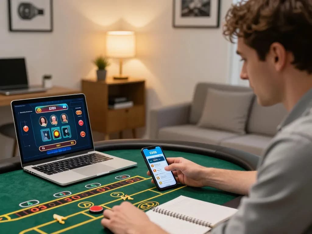 SX88 player engaged in online casino gaming, laptop displaying table game and smartphone with the SX88 app