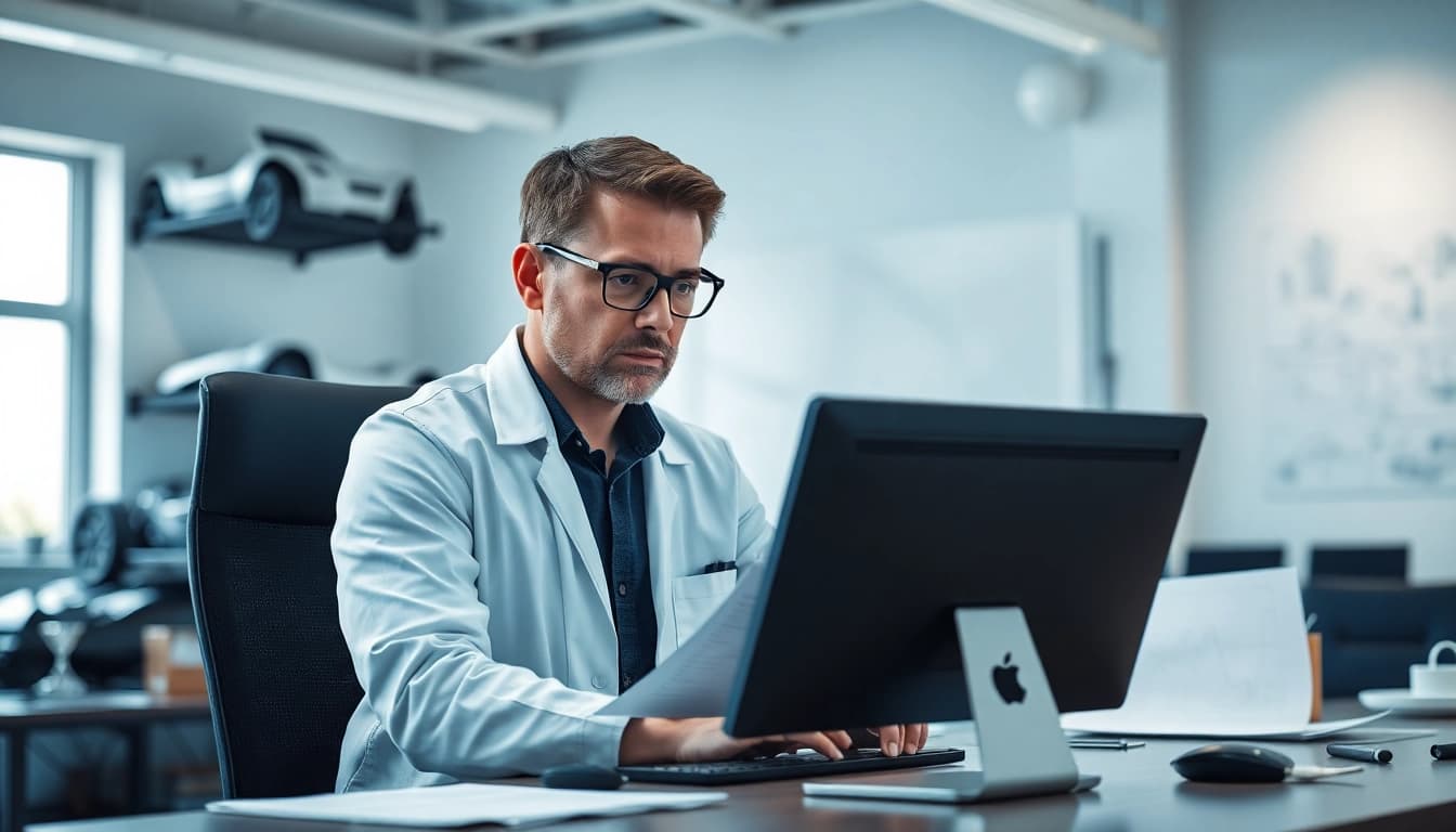 Kfz Sachverständiger Düsseldorf analysiert Schadensberichte in modernem Büro.