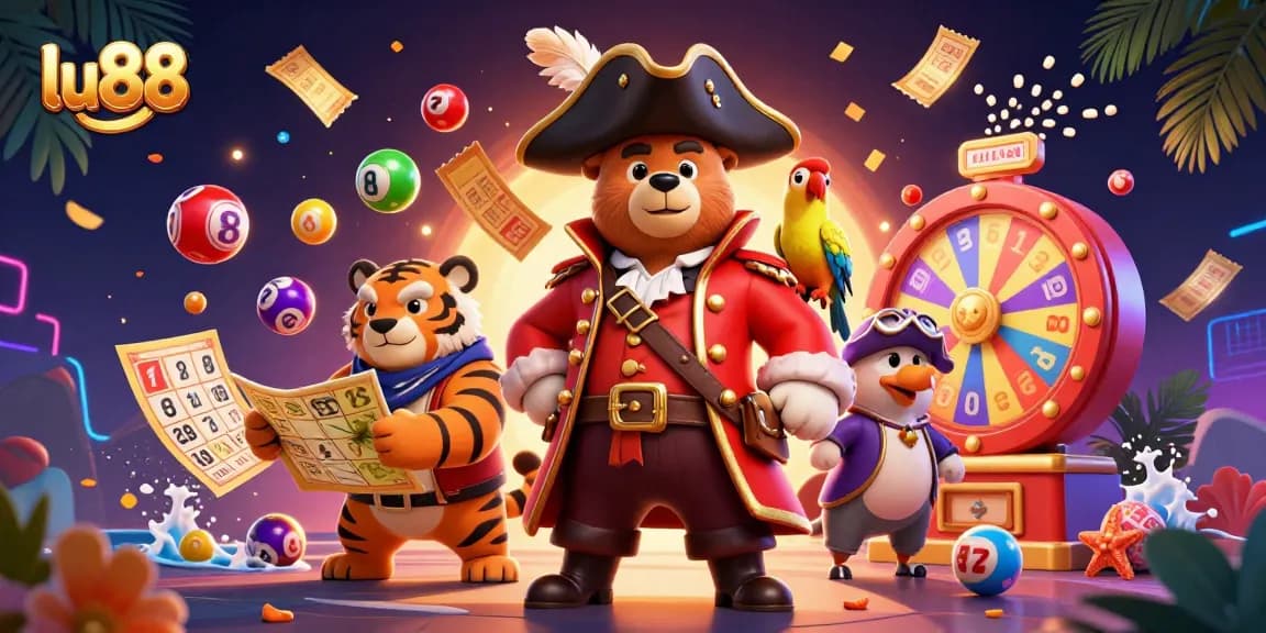 Win big with lu88 in a vibrant casino scene featuring a pirate bear and friends.