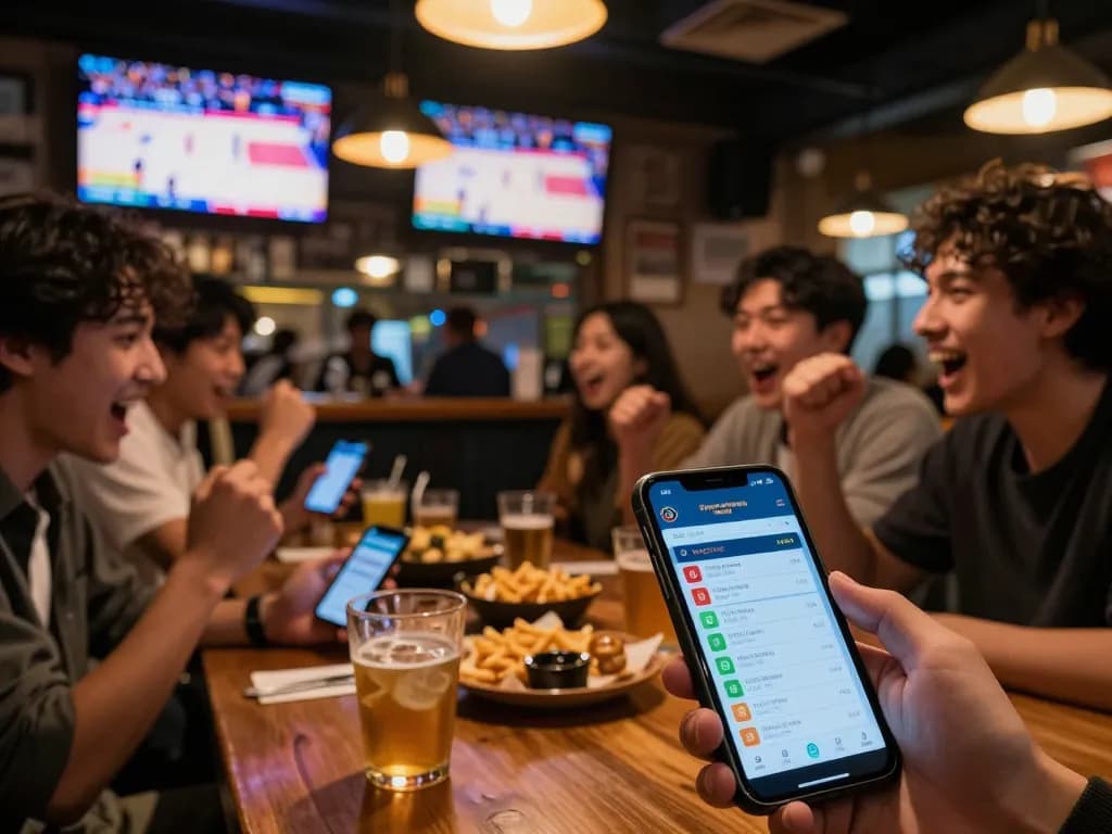 Engaged patrons using mobile devices for sports betting while enjoying a lively atmosphere