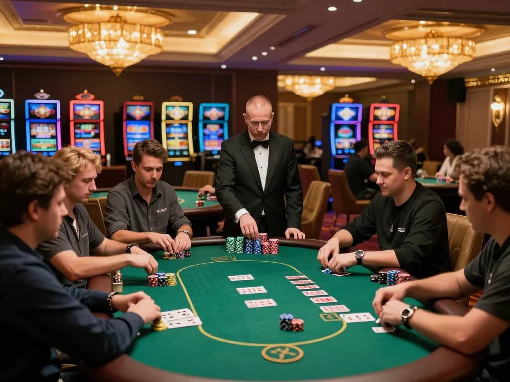 Players strategically betting at a Man88 poker table in a luxury casino setting, showcasing the excitement of high-stakes gaming.