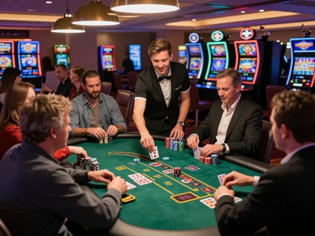 Engaging scene of players at a blackjack table in casino vua88, capturing dynamic gameplay and lively atmosphere.