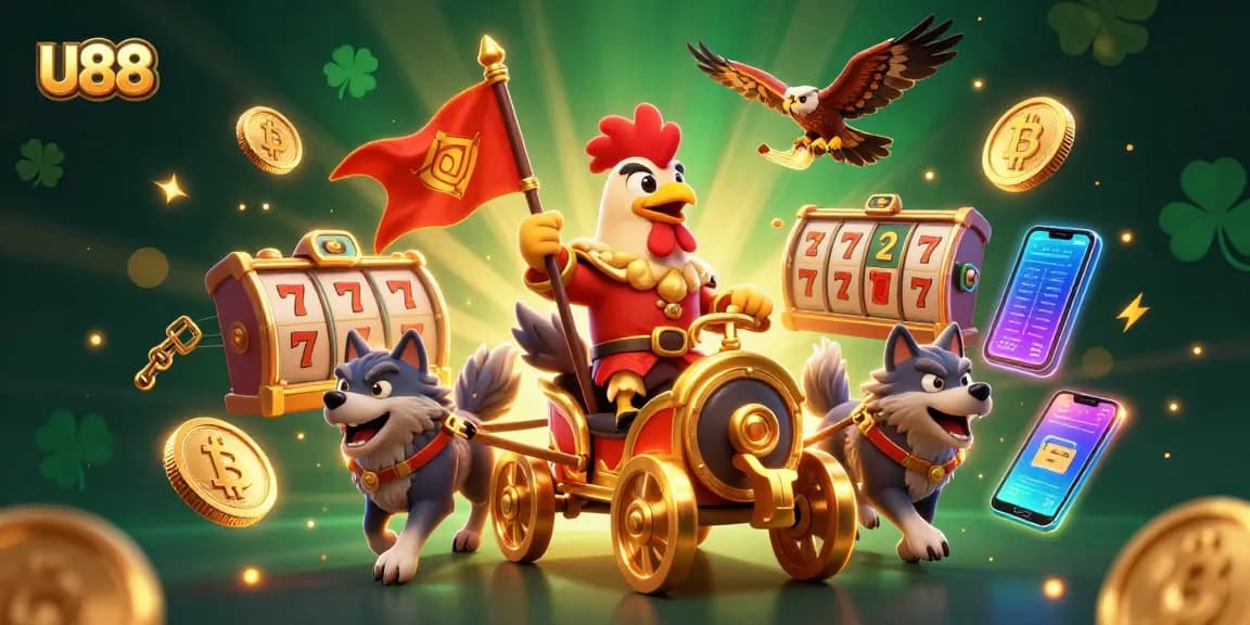Engage with U88’s exciting gaming scene, featuring a rooster warlord on a chariot in a vibrant casino.