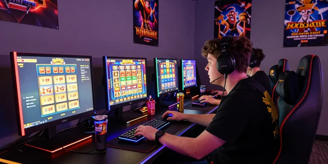 Slot793 dalam suasana permainan slot online yang mendebarkan, gamer fokus di depan layar dengan makanan ringan dan minuman energi.