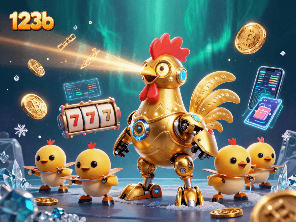 Experience thrilling gaming with 123b's animated rooster robot and vibrant casino symbols.