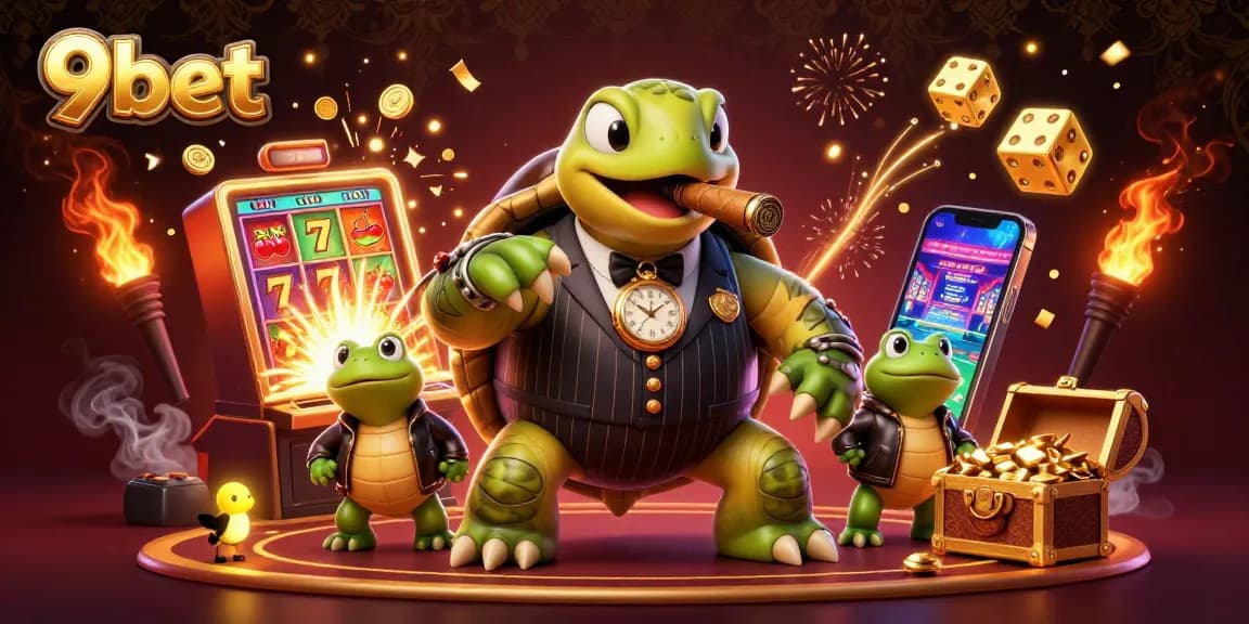 Win big at 9bet with a vibrant illustration of a cartoon turtle in a casino setting, featuring exciting game elements.