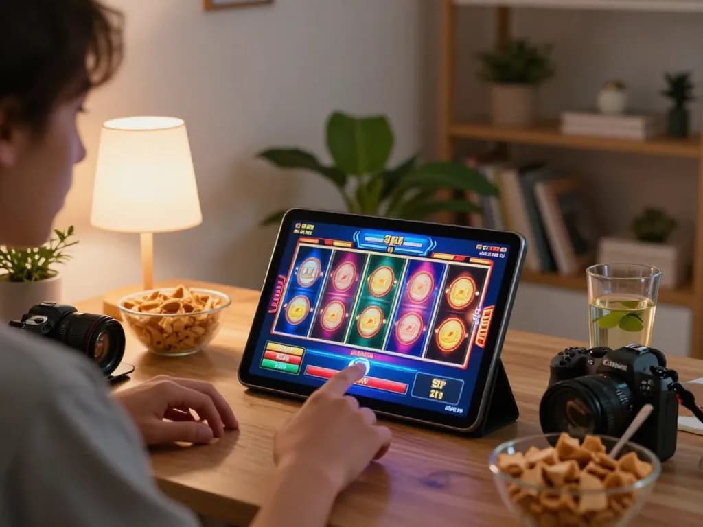 Engaging moment playing ONE88 LINK slots on a tablet in a cozy home setting.
