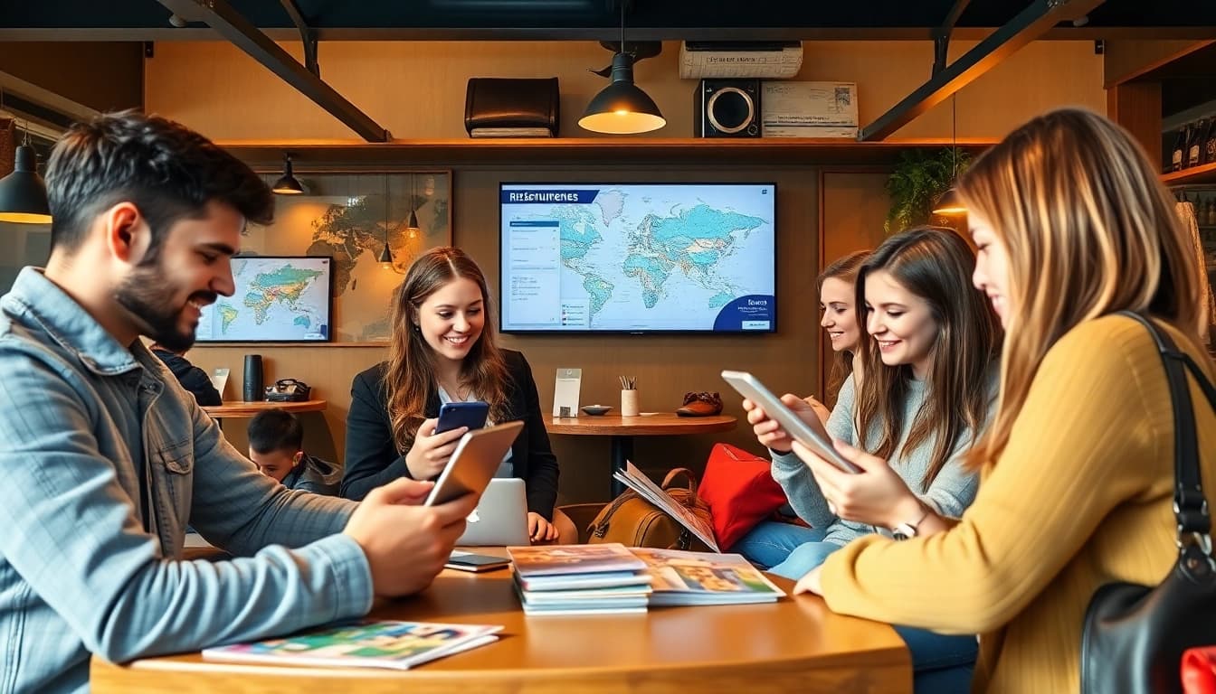 Erleben Sie Reiseinformationen durch aktive Reisende in einem Café.