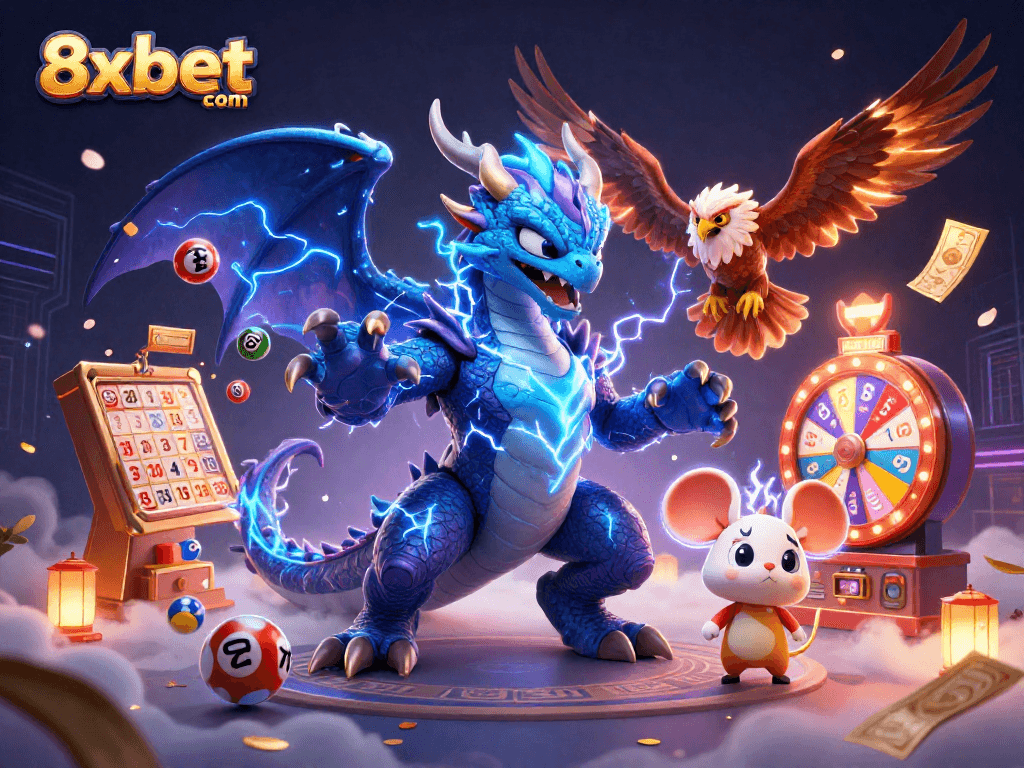 Engage with 8xbet com, featuring a dynamic illustration of a thunder dragon, hawk, and playful mascot in a vibrant casino scene.