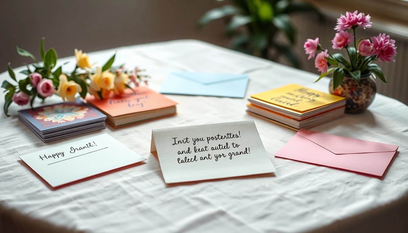 Kreativer Kartenversand: Eine handgeschriebene Postkarte auf einem gedeckten Tisch mit bunten Karten.