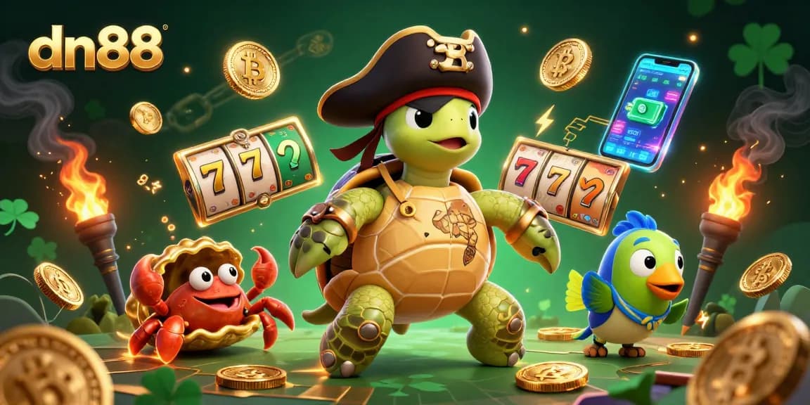 Spin the reels at dn88, featuring a pirate turtle with treasure amidst vibrant casino elements.