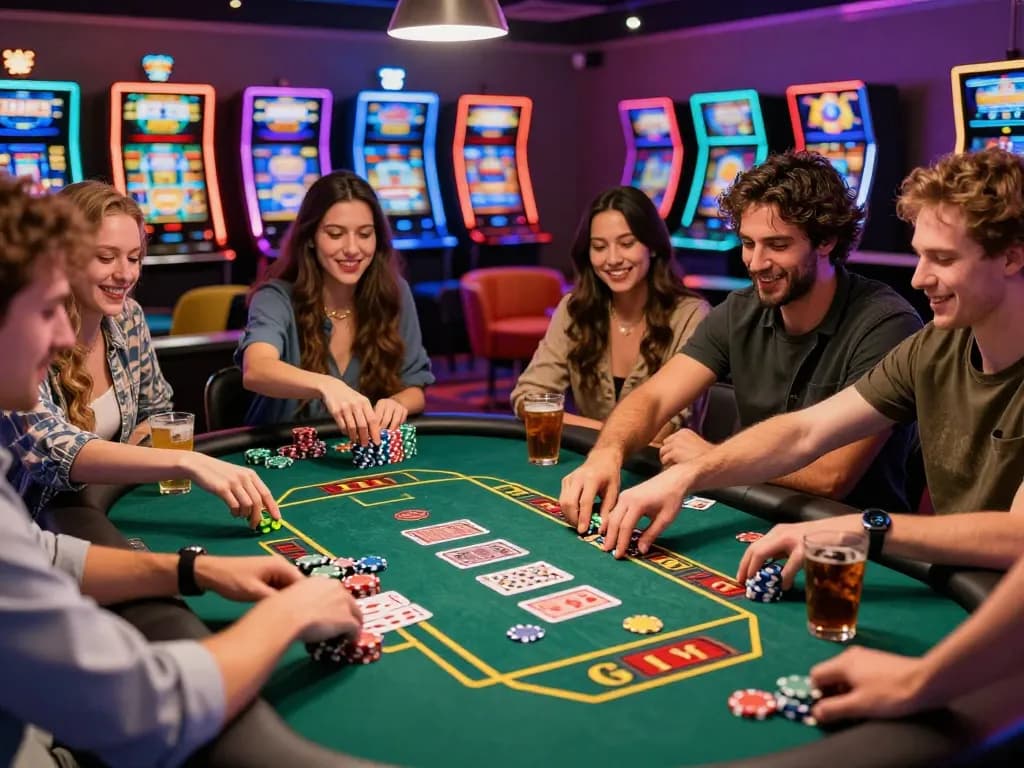 Friends enjoying debet card games at a vibrant casino table with colorful lights.