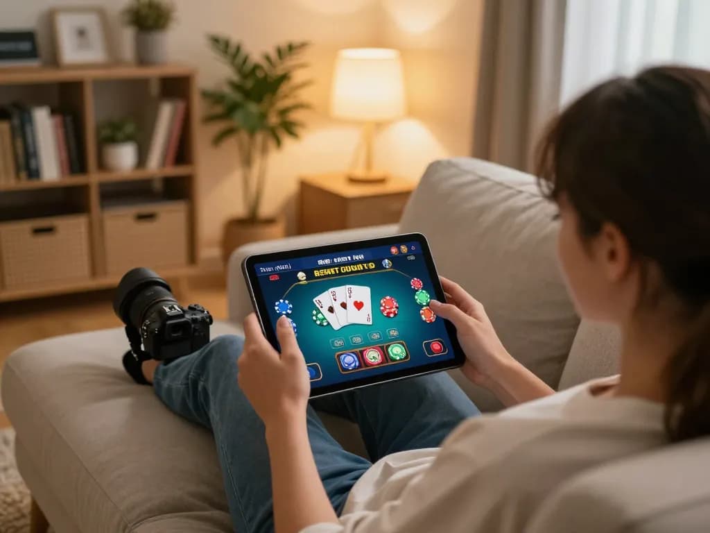 Player engaging with sin88 casino app on tablet, showcasing lively online gaming atmosphere.