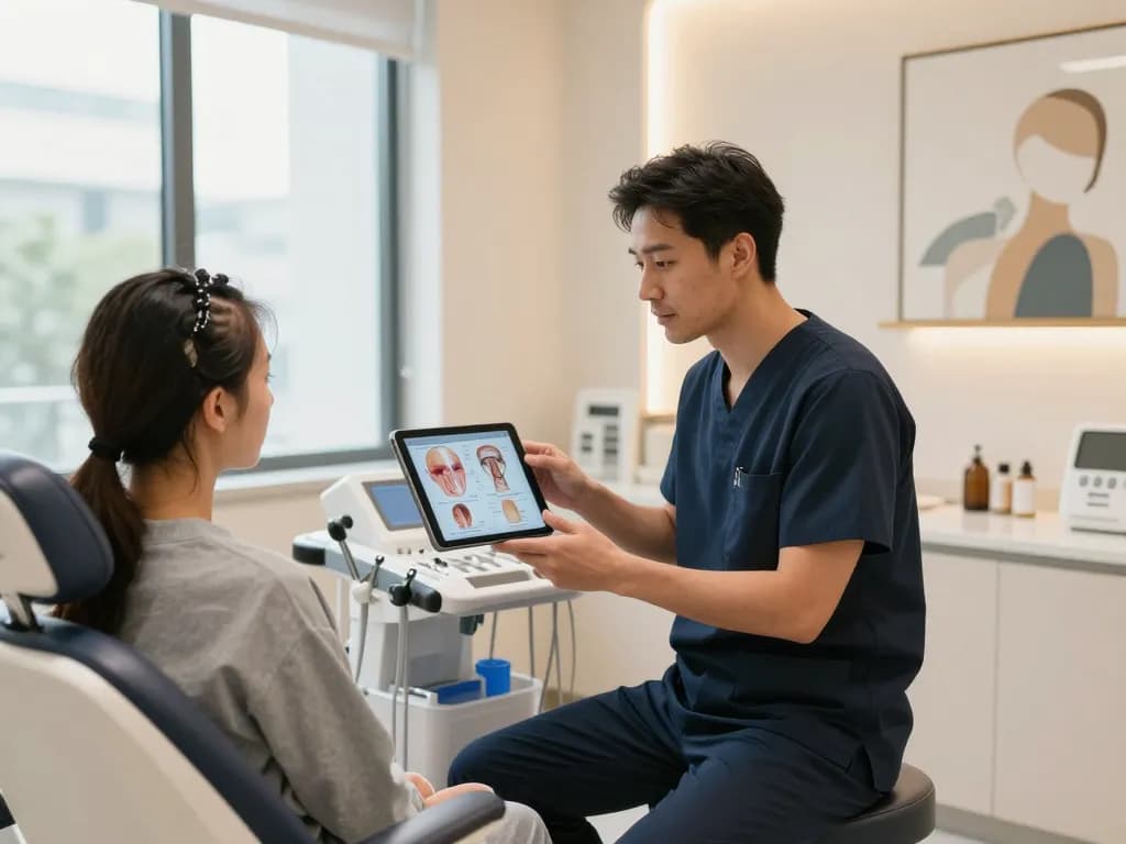 Konsultation in einer Haartransplantation Türkei Klinik mit Patienten und Chirurgen, die über Haarwiederherstellung diskutieren.