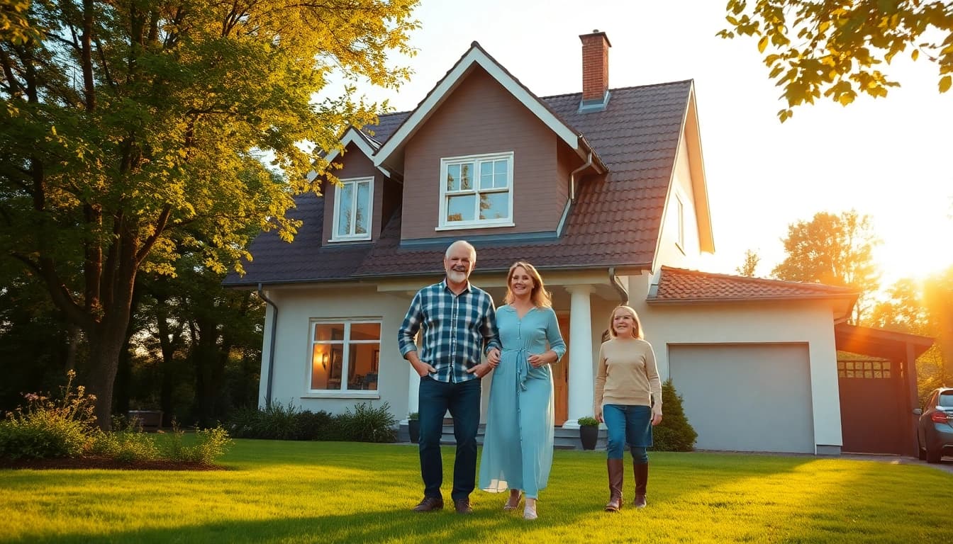 Feiernde Familie vor ihrem neuen Haus: Ein inspirierender Moment des Hauskaufs.