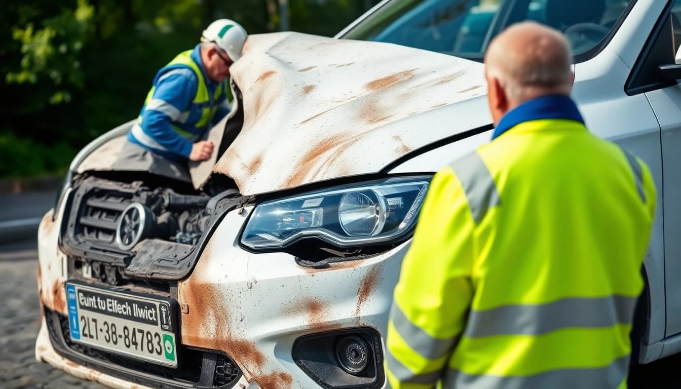 Kfz Gutachter Köln untersucht ein beschädigtes Fahrzeug mit meinen Dienstleistungen vor Ort.