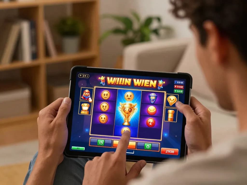 Player enjoying a big win playing slot depo 10k on tablet, surrounded by colorful graphics and cozy home atmosphere