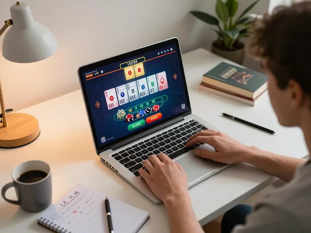 An engaging home online gambling scene showcasing a player on 98win9 using a laptop during live baccarat