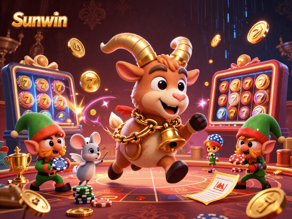 Sunwin offers exciting slots  and dynamic jackpots in a festive casino scene featuring lively characters.