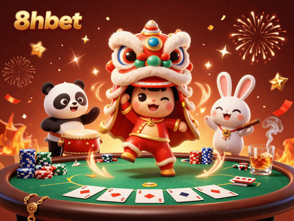 Experience the vibrant atmosphere of 8xbet's casino scene with lively characters and dynamic poker elements.