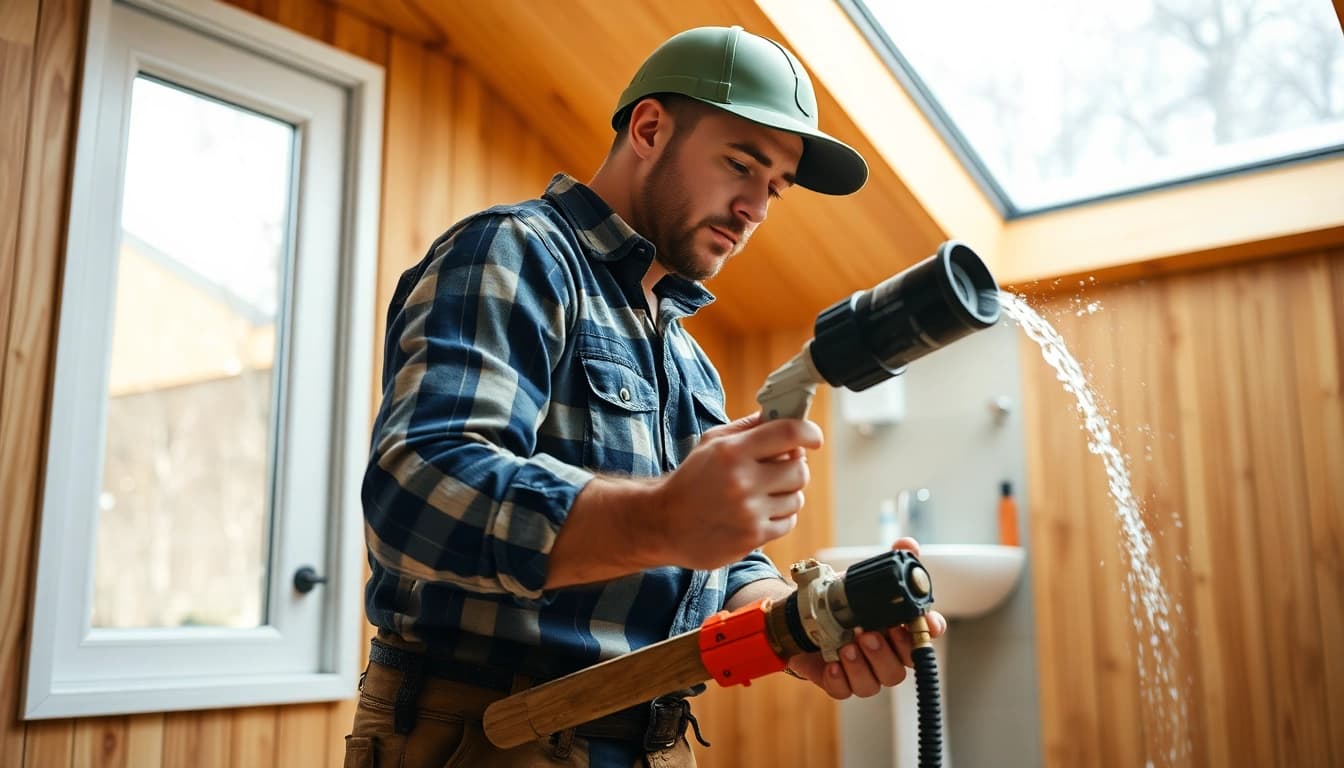 Installateur Notdienst: Fachmann behebt Wasserschaden mit hochwertigem Werkzeug in modernem Zuhause.